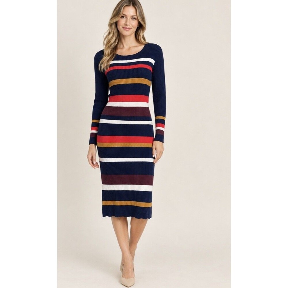 Tommy Hilfiger Midi Sweater Dress M Long Sleeve Ribbed Stripe Preppy Crew Neck